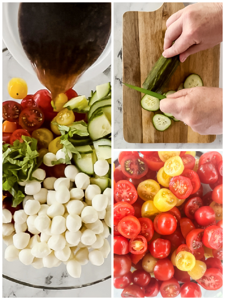 collage of process of making balsamic caprese salad slicing cucumbers, halved tomatoes, and pouring vinaigrette dressing
