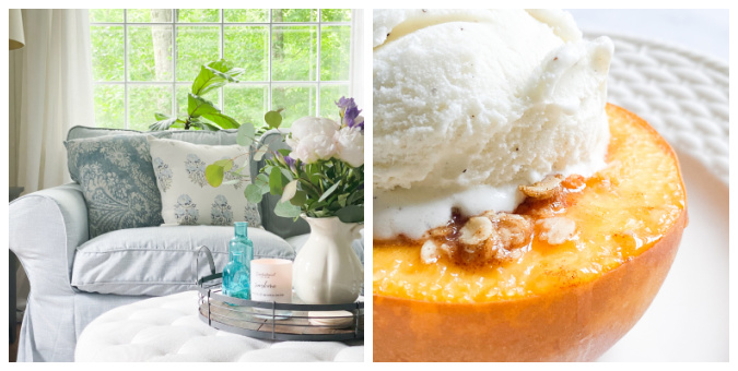 collage of light blue couch with blue floral throw pillow and cream tufted ottoman in front of window and baked peach with brown sugar crumble with vanilla ice cream