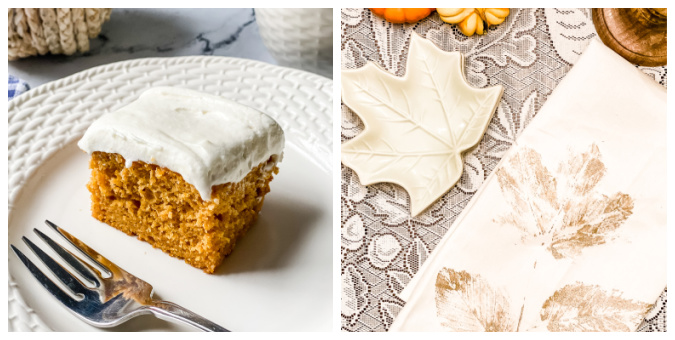 collage of pumpkin bar with cream cheese frosting on a white plate and a diy leaf stamped tea towel next to a sage green leaf shaped plate.