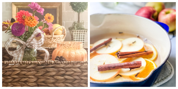 collage of early fall basket vignette with zinnias, copper colored candle and fall simmer pot featuring orange and apple slices with cinnamon sticks