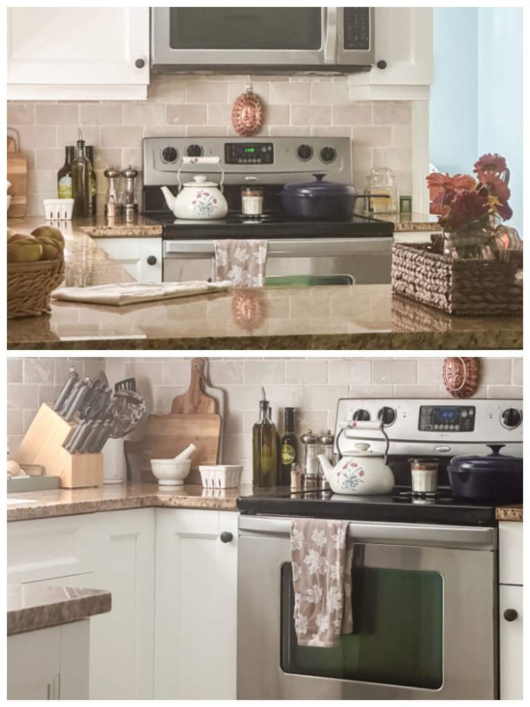 white kitchen cabinets and stove with fall towels and copper accents