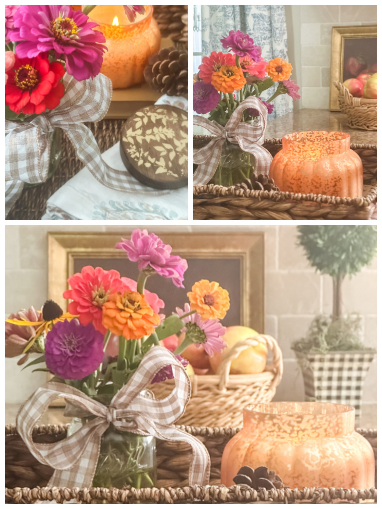 collage of three pictures of early fall vignette featuring zinnias copper candle, pinecone, and fall napkins