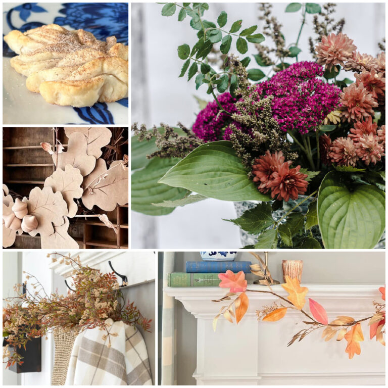 collage of leaf shaped cookie, paper bag wreath, dried fall greenery in basket on hook with brown and white plaid blanket, metallic painted fall garland on mantle, and dried flower arrangement with purple and faded orange flowers with greenery