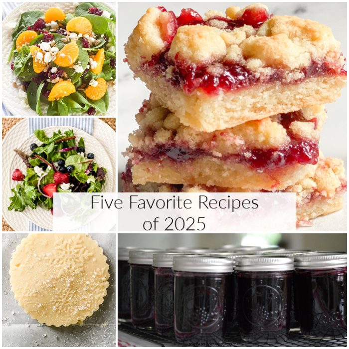 collage of five recipes including spinach salad, raspberry bars, blueberry jam, shortbread, and berry salad