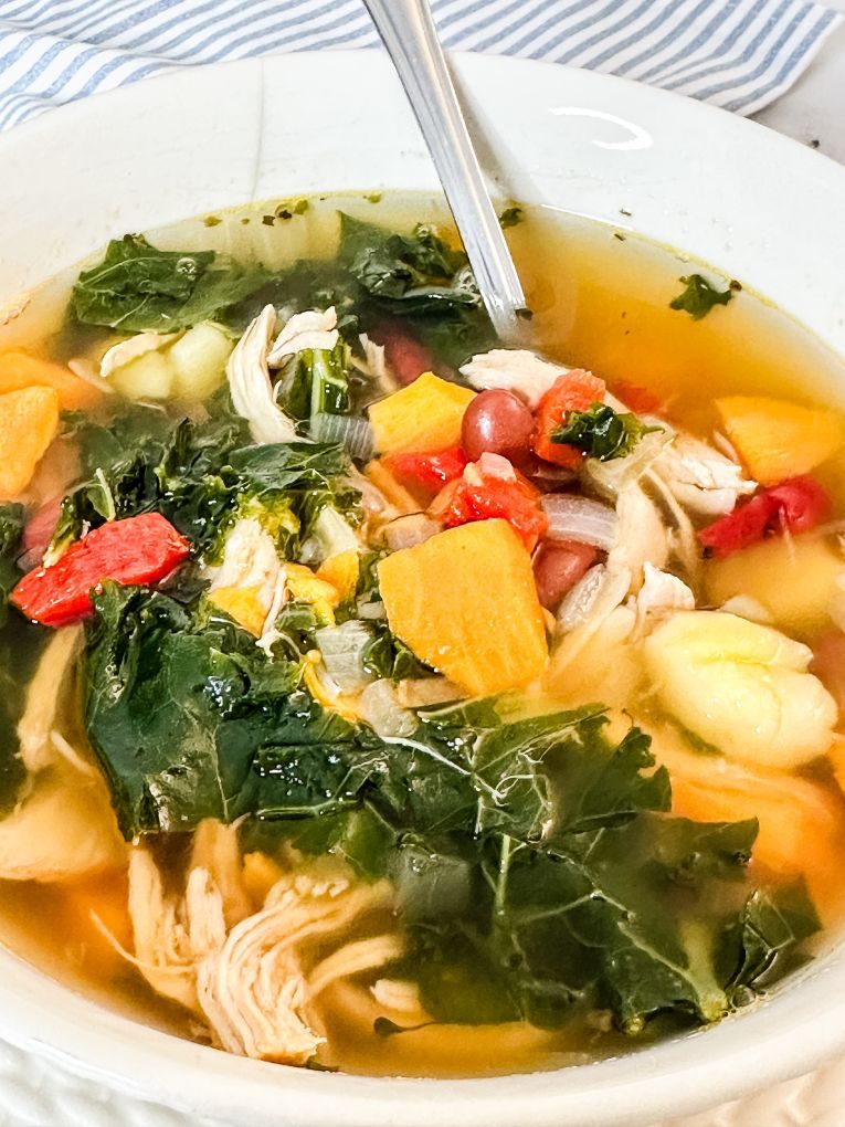 Chicken with Sweet Potato & Kale Soup in a bowl