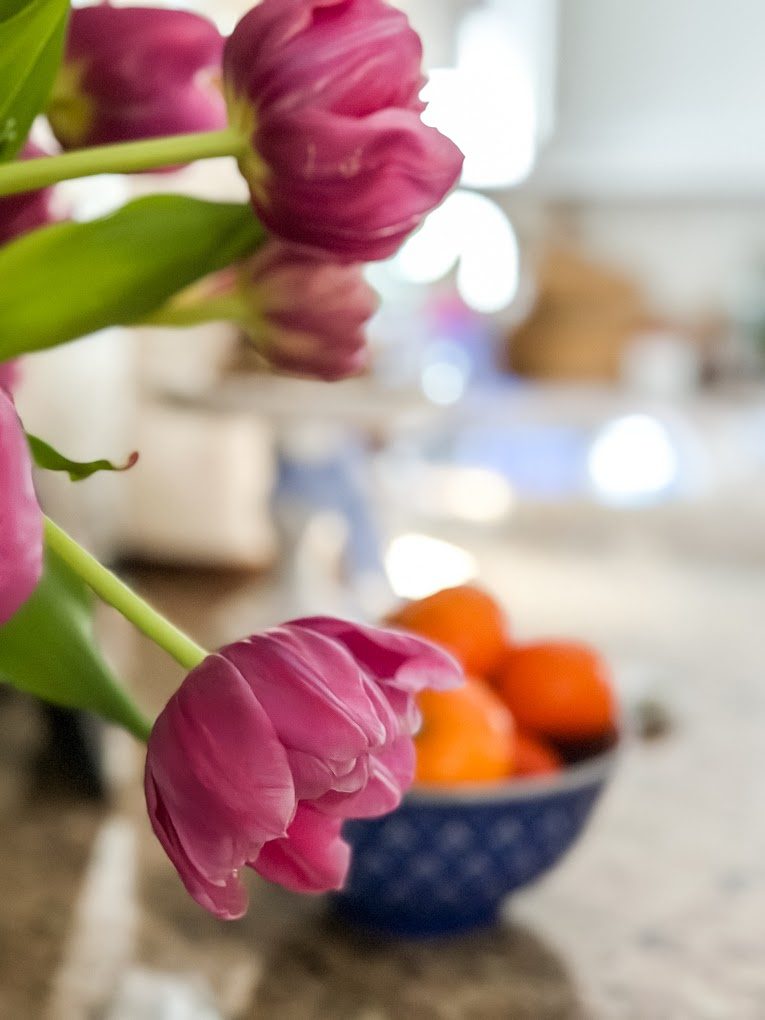 close up of dark pink tulip blooms with blue bowl filled with mandarin oranges is in the background