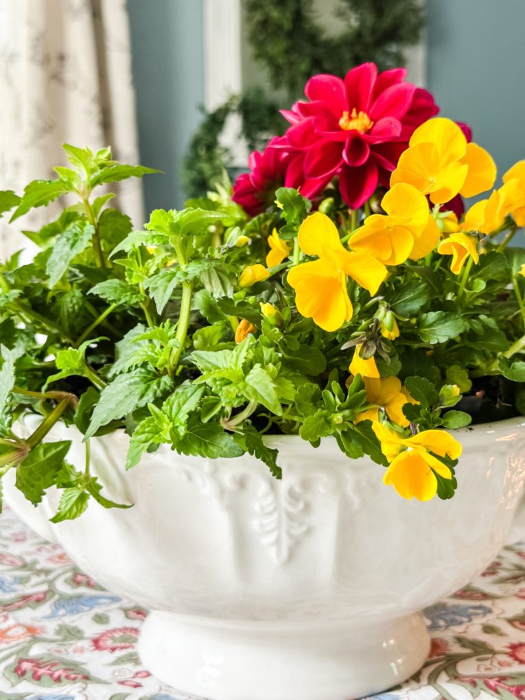 soup tureen with red dahlia and yellow pansies on a dining room table