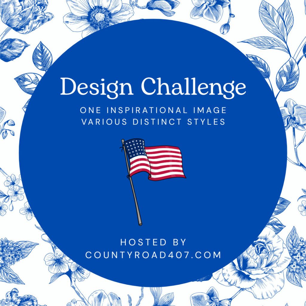 Design Challenge blue and white graphic with American flag